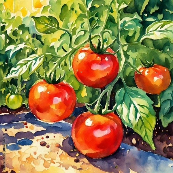 Obraz Watercolor tomatoes. Illustration of a tomatoes on a garden bed.