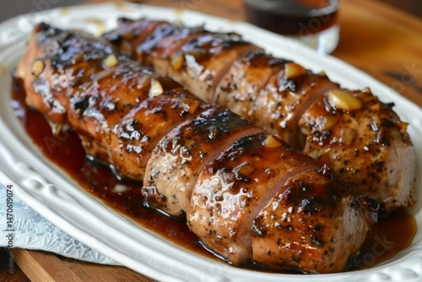 Fototapeta Glazed pork tenderloin on white platter with herb garnish. Neural network AI generated