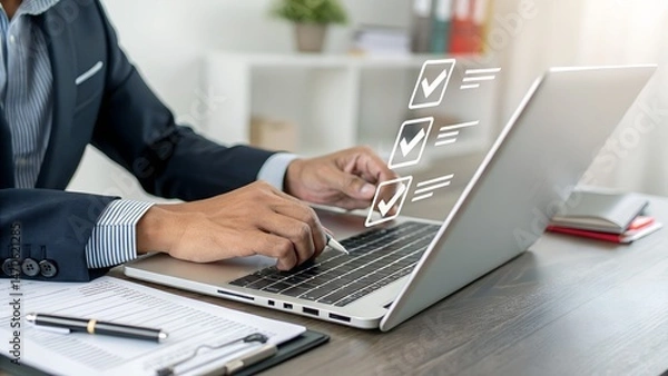 Fototapeta Businessman check and check mark online ,Business Agreements and Approvals ,Confirmation of contract documents or warranty card ,procedure company articles of association Terms and Conditions 