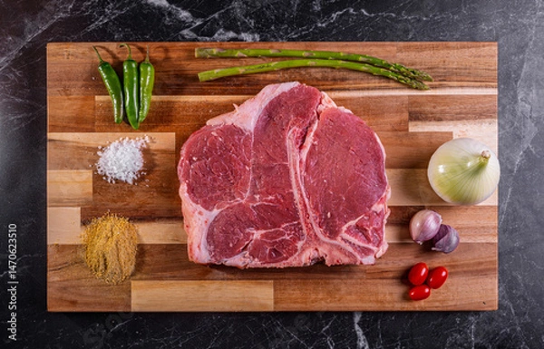 Obraz T-bone grueso crudo. Carne cruda de ternera porterhouse Filete sobre madera con hierbas y sal sobre fondo oscuro. Vista superior y espacio de copia.