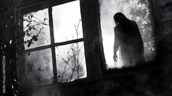 Fototapeta Ghostly figure seen through a window of an abandoned house