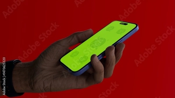 Fototapeta Asian old male using smartphone with a blank green screen. Mobile app video mockup. Vertical phone orientation