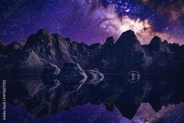 Fototapeta Serene night scene with majestic mountains reflected in a calm lake under a breathtaking starry sky.
