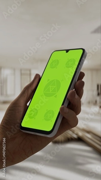 Fototapeta GREEN SCREEN CHROMA KEY A hand holding a smartphone with a green screen inside a renovated apartment