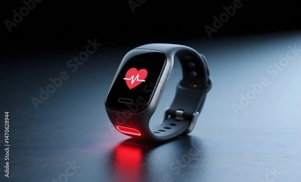 Obraz Modern Fitness Tracker Displaying Heart Rate Monitor with Red Sensor Glow on Dark Surface