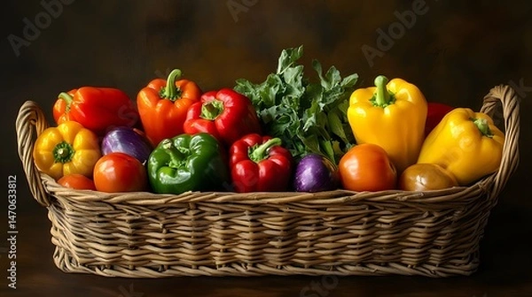 Fototapeta Basket filled with colorful organic vegetables like bell peppers squash and tomatoes