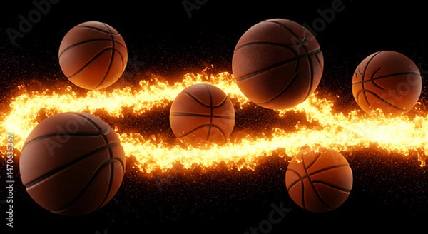 Fototapeta Several textured basketballs float above a shimmering, fiery orange expanse against a stark black backdrop, creating a dynamic sports visual.