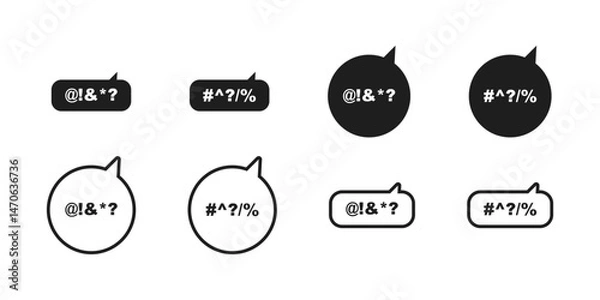 Fototapeta Swearing symbols in speech bubbles vector set in outline and black style. Censored word icons with typographic aggression marks