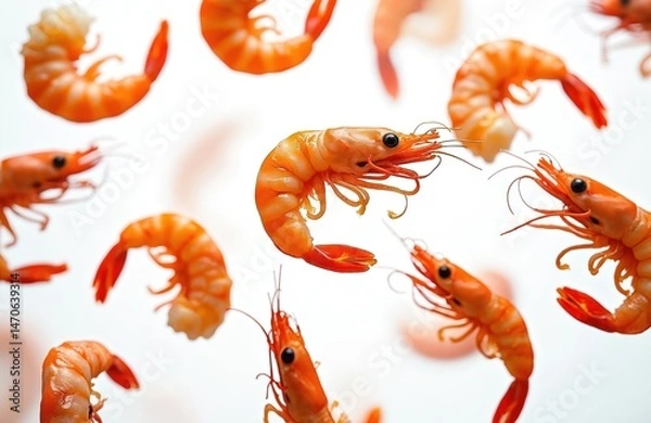 Fototapeta Boiled prawns floating in air, isolated against clean white background. Fresh cooked shrimp, appetizing seafood. Red orange prawns levitate, concept of healthy eating, culinary art, delicious