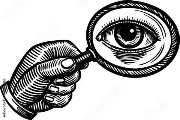 Fototapeta hand holding magnifying glass, reflecting a detailed human eye, symbolizing observation and scrutiny sketch linocut vector