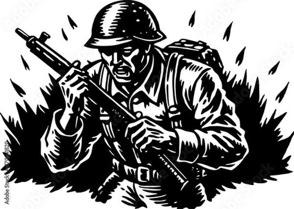 Fototapeta The internal struggle of a soldier following a difficult order. soldier with rifle