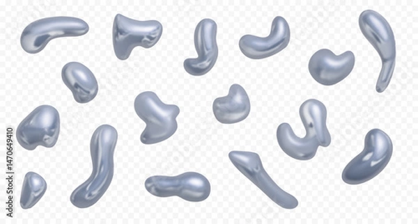 Fototapeta Realistic metal, chrome holographic liquid shapes. Vector illustration. Set of silver colored stains in Y2K style isolated on transparent backdrop