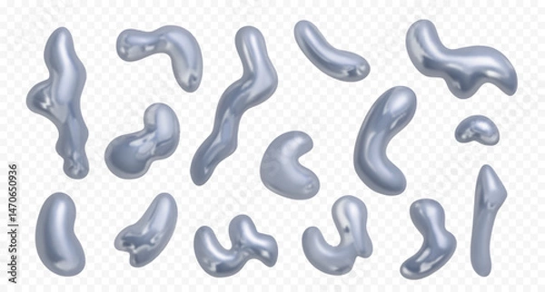 Fototapeta 3d chrome holographic shapes. Y2K style. Vector illustration. Set of realistic metal liquid shapes isolated on transparent background