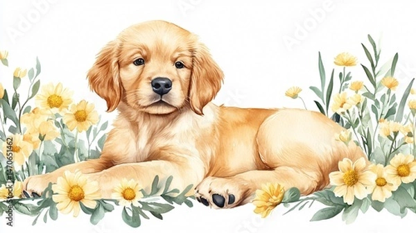 Fototapeta Adorable Golden Retriever Puppy with Chamomile and Ranunculus Flowers on White Background
