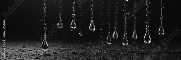 Fototapeta Water droplets cascade, blurred motion, sharp edge, black background, sharp, photography, liquid