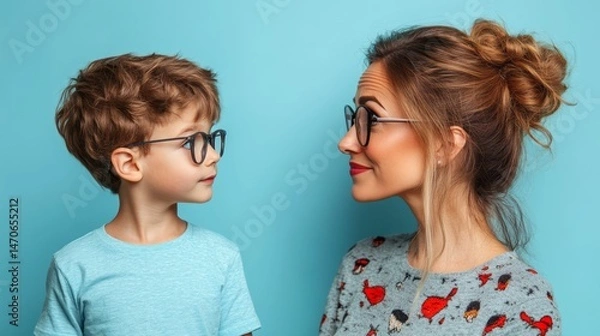 Fototapeta A mother and son facing each other, in profile view.