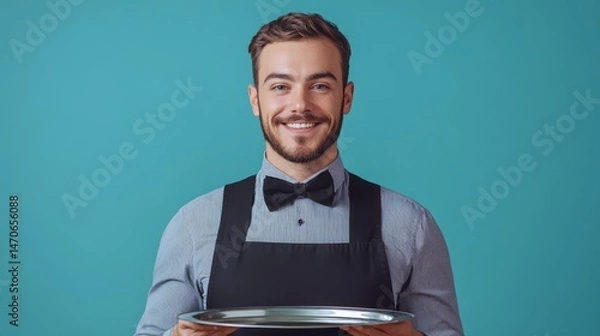 Fototapeta Smiling server holds an empty tray against a solid backdrop.