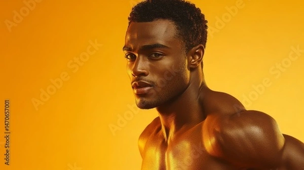 Fototapeta Close-up portrait of a muscular man against a vibrant backdrop.