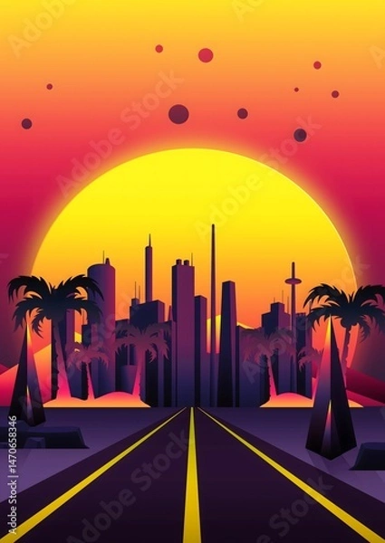 Fototapeta 80s Neon Dystopia Vibes, Retro-Futuristic Synthwave Cityscape with Sunset Horizon, Vaporwave Ocean Vibes and 80s Aesthetic