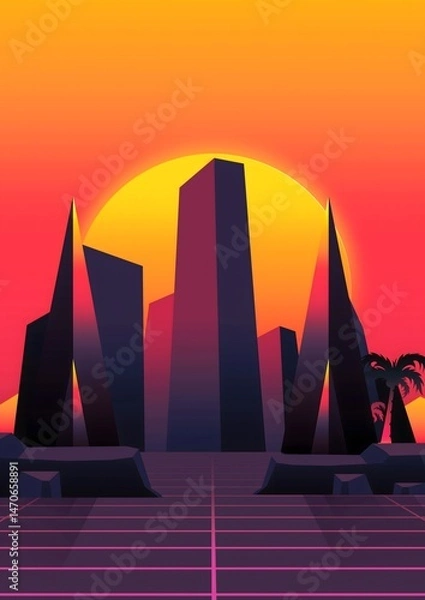 Fototapeta 80s Neon Dystopia Vibes, Retro-Futuristic Synthwave Cityscape with Sunset Horizon, Vaporwave Ocean Vibes and 80s Aesthetic