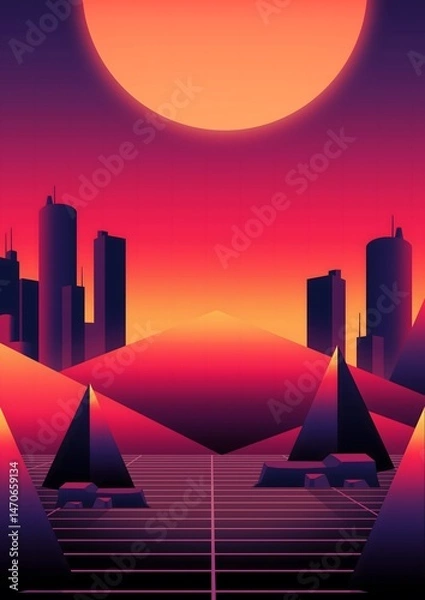 Fototapeta 80s Neon Dystopia Vibes, Retro-Futuristic Synthwave Cityscape with Sunset Horizon, Vaporwave Ocean Vibes and 80s Aesthetic