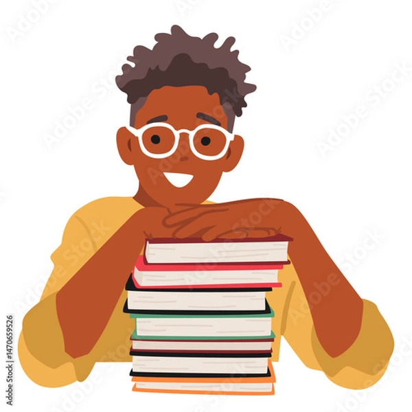 Fototapeta Smiling nerd boy student cartoon character putting head on folded palms on stack of textbooks