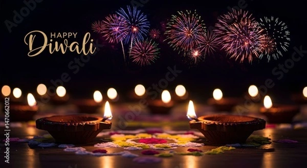 Obraz A vibrant promotional poster for Diwali, featuring traditional oil lamps (diyas) glowing brightly with fireworks in the background and colorful rangoli patterns on the floor.