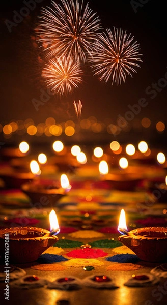 Obraz A vibrant promotional poster for Diwali, featuring traditional oil lamps (diyas) glowing brightly with fireworks in the background and colorful rangoli patterns on the floor.