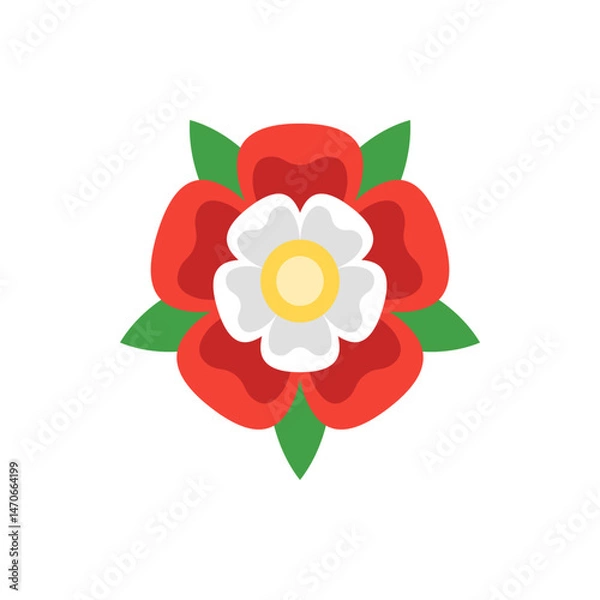 Obraz Illustration of a tudor rose with red outer petals white inner petals and green leaves surrounding it