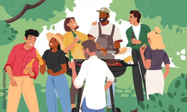 Obraz Friends barbeque party on nature cartoon scene with characters eating grilled meal and drinking