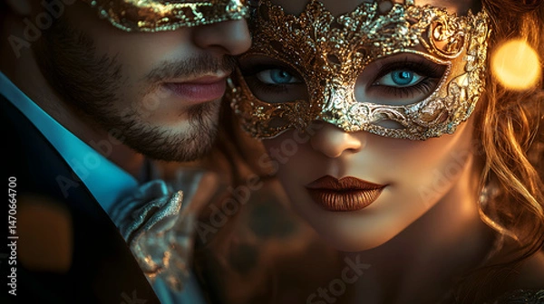 Fototapeta Masquerade of Enchantment: A captivating couple, adorned in exquisite gold masks, share an intimate moment, their eyes locking in a dance of intrigue and allure at an elegant ball.