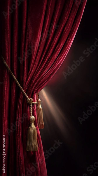 Fototapeta Red velvet curtain partially open, revealing a dark background with light rays, showcasing texture and a dramatic, theatrical scene, ideal for a presentation backdrop