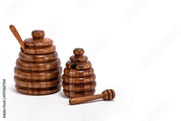 Fototapeta Wooden honey container isolated on white background with space for text, wooden honeycomb craft, honey jar