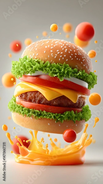 Obraz Delicious Burger Delight: A close-up shot of a mouthwatering burger, bursting with fresh ingredients and accompanied by vibrant details of flavor.
