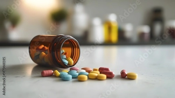 Obraz Medicine Revelation: Medicine pills spill out of an amber bottle, symbolizing the complexities of healthcare and the essence of health.