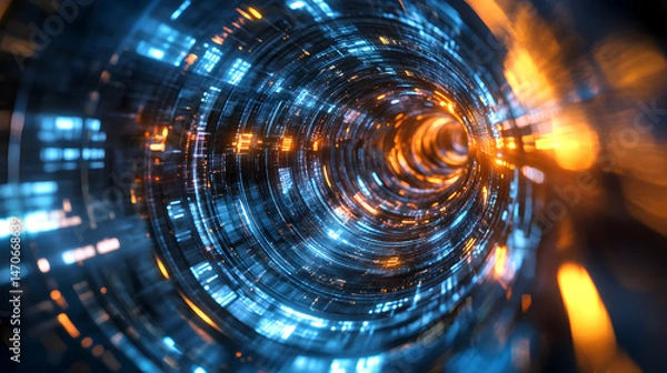 Obraz Tunnel of Technological Brilliance: Explore a vibrant, digital tunnel awash in electric blue and fiery orange hues, symbolizing the core of modern technology, high-speed data transfer, and innovation.