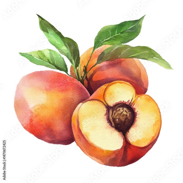 Obraz Freshly painted watercolor peaches with green leaves on a bright transparent background, peaches in drawing isolated on transparent background