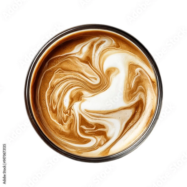 Fototapeta A close-up view of a cup of latte art. The milk is poured in swirling patterns on top of the espresso. The latte art is intricate and beautiful