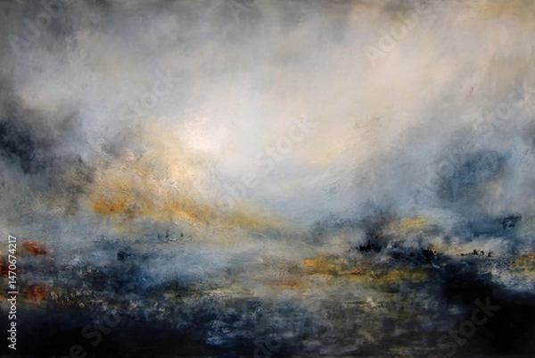 Fototapeta Abstract Dreamscape:  A mesmerizing abstract painting, characterized by a vast, ethereal landscape painted in muted hues of blue, gray, and gold.