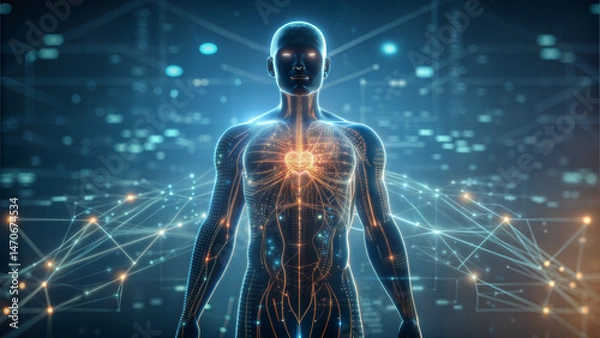 Fototapeta Futuristic representation of human anatomy with network connections in glowing blue tones