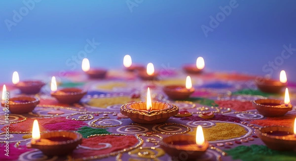 Obraz A serene background design for Diwali, showcasing glowing diyas (oil lamps) on a decorative rangoli pattern, with soft, colorful lighting and a peaceful ambiance.