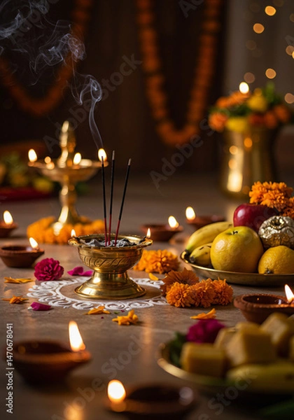 Obraz A serene image of Diwali rituals with offerings to Goddess Lakshmi, incense burning, and diya lights, capturing the spiritual essence of the festival.