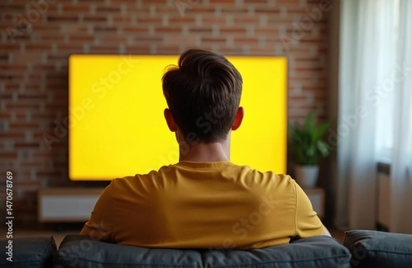 Fototapeta Adult man sits front of TV with yellow screen. Man wearing yellow shirt, watching television at home. Digital mockup. Mockup smart-tv screen for design. Prototype demo concept.