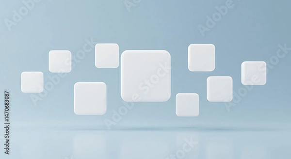 Fototapeta Geometric Abstraction: Floating white squares dance across a pastel blue canvas, creating a minimalist, modern composition.