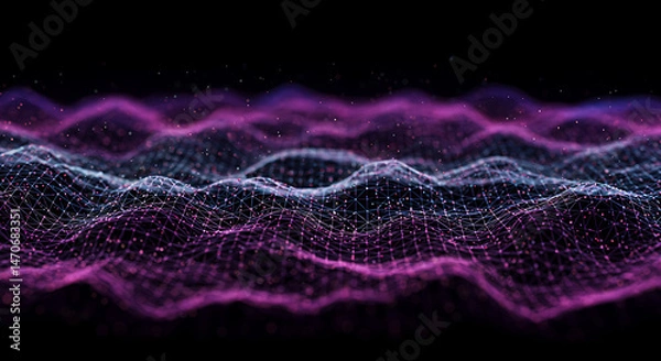 Fototapeta Abstract Network: Digital landscape of interconnected dots and lines forming a vibrant, undulating surface against a stark black background.