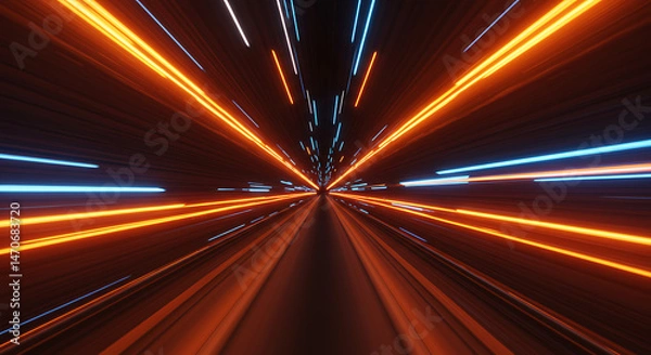 Fototapeta Futuristic tunnel of light with speeding orange and blue beams rushing towards a vanishing point, creating a sense of dynamic motion.