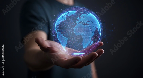 Fototapeta Global digital network: interconnected world with futuristic technology, connection, innovation, and globalization in human hands.