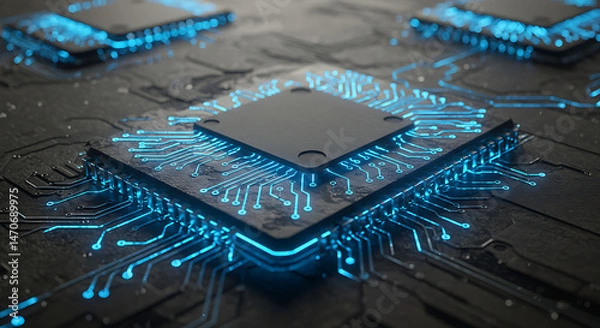 Obraz A close-up of a computer chip with glowing blue traces, representing advanced technology, innovation, and digital communication.