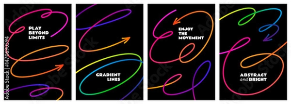 Fototapeta Color Line Abstract Shapes. Gradient Pattern Elements on Black Background. Vector Squiggle Arrows. Dynamic Graphic Sketch Waves.
