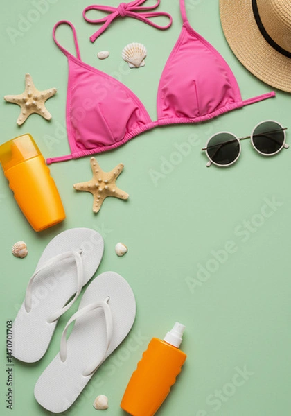Obraz Flat-lay of beachwear essentials bikini, flip-flops, sunglasses, straw hat, and sunscreen arranged neatly on a pastel background, with copy space.